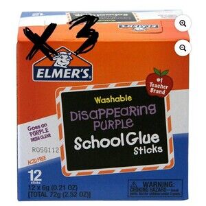 3x Elmer's Disappearing Purple Washable School Glue Sticks,12 Count